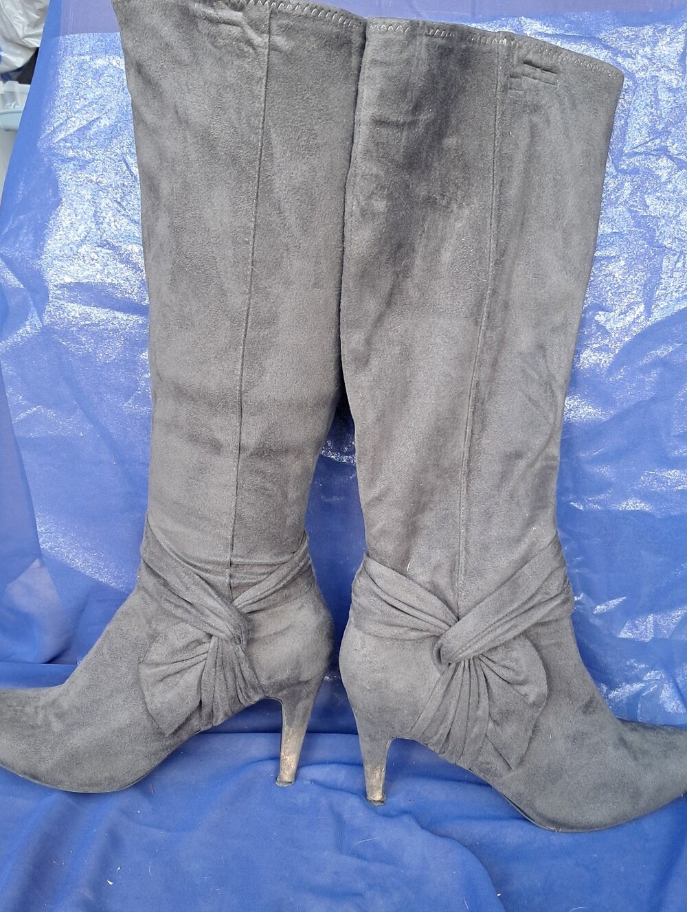 Anastasia Gray Knee-High Faux-Suede Stiletto Boots with Knot Accent